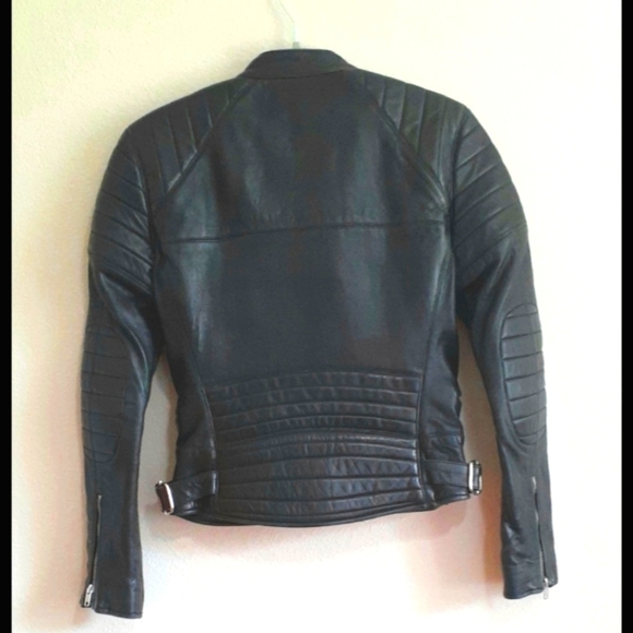 BLK DNM Leather Jacket Accordion Nehru Collar XS Padded Motorcyle Moto Chic - Picture 4 of 9